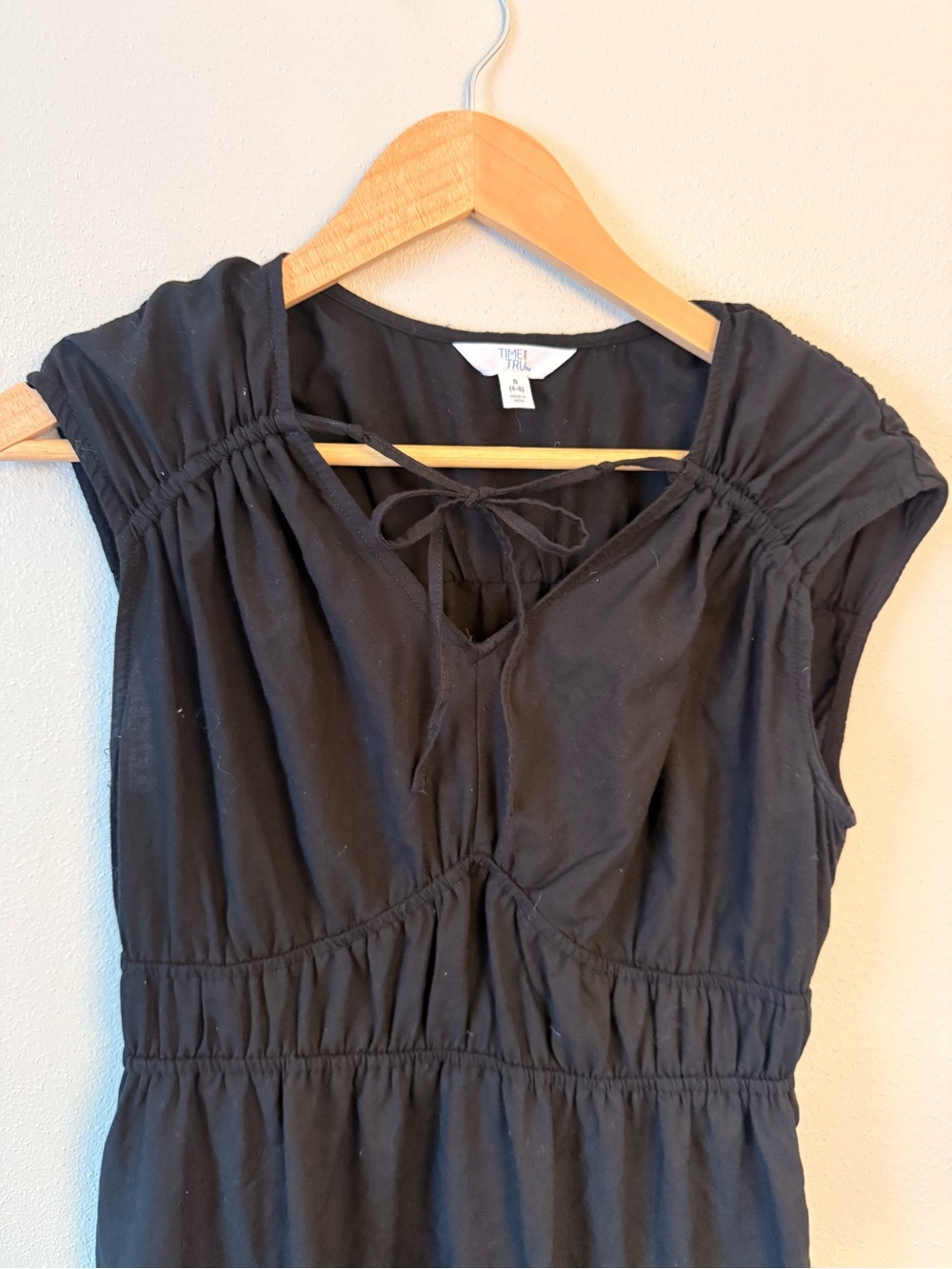 TIME AND TRU Black Tie-Front Cap Sleeve Dress with bust piping and cinch waist